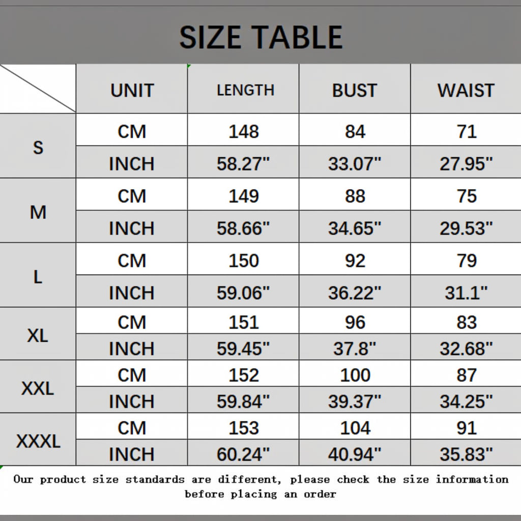 Angie Style Boutique size chart for high-waist wide-leg jumpsuit showing length, bust, and waist measurements in cm
