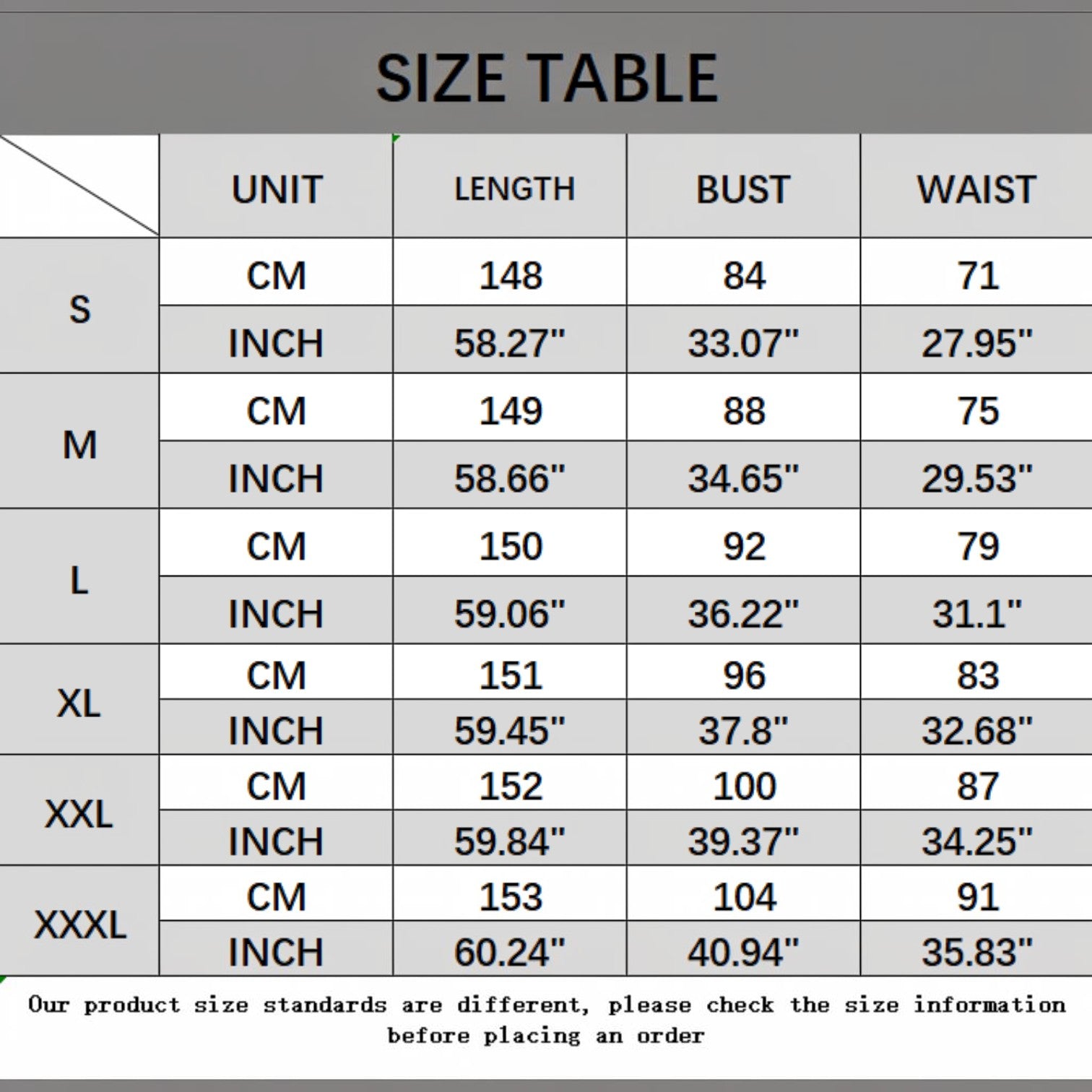 Angie Style Boutique size chart for high-waist wide-leg jumpsuit showing length, bust, and waist measurements in cm