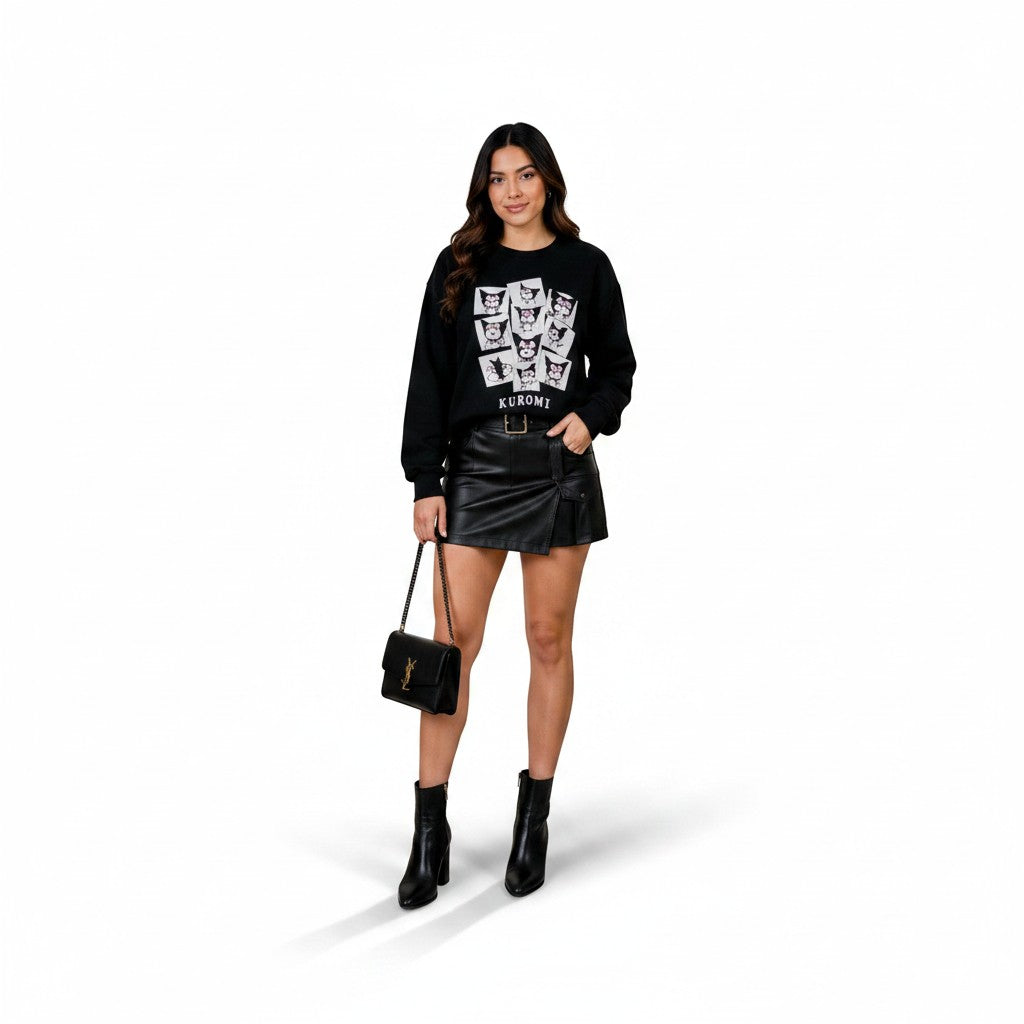 Model wearing Angie Style Boutique black Kuromi graphic crewneck sweatshirt with a black faux leather mini skirt.
