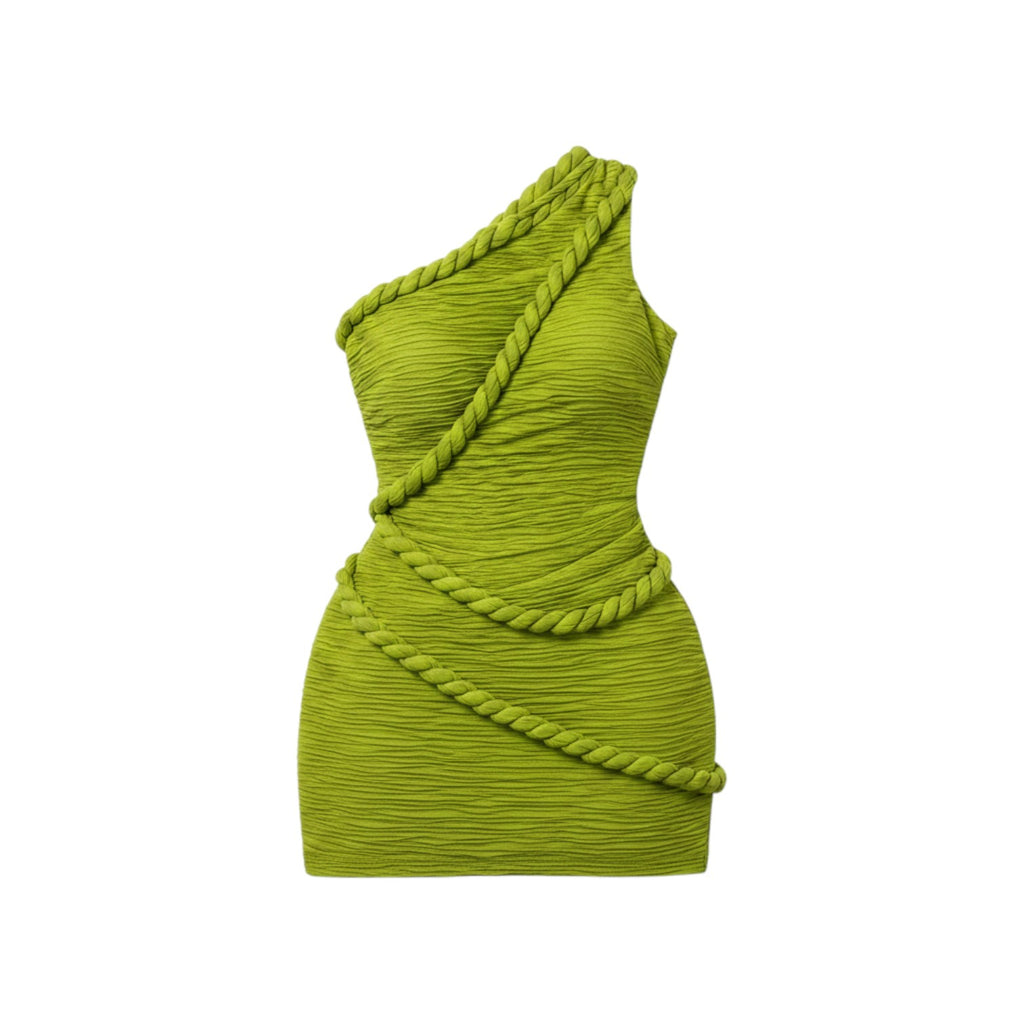 Angie Style Boutique lime green one-shoulder mini dress with ruched texture and decorative rope trim detail.