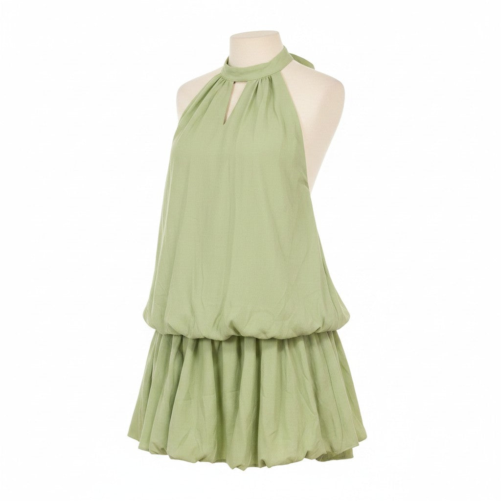 Angie Style Boutique lime green halter mini dress with a tiered ruffle skirt and open back design on a mannequin.
