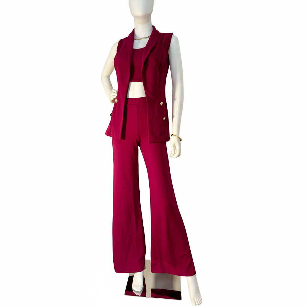 Angie Style Boutique magenta 3-piece set with a sleeveless crop top, matching vest, and high-waisted wide-leg trousers.