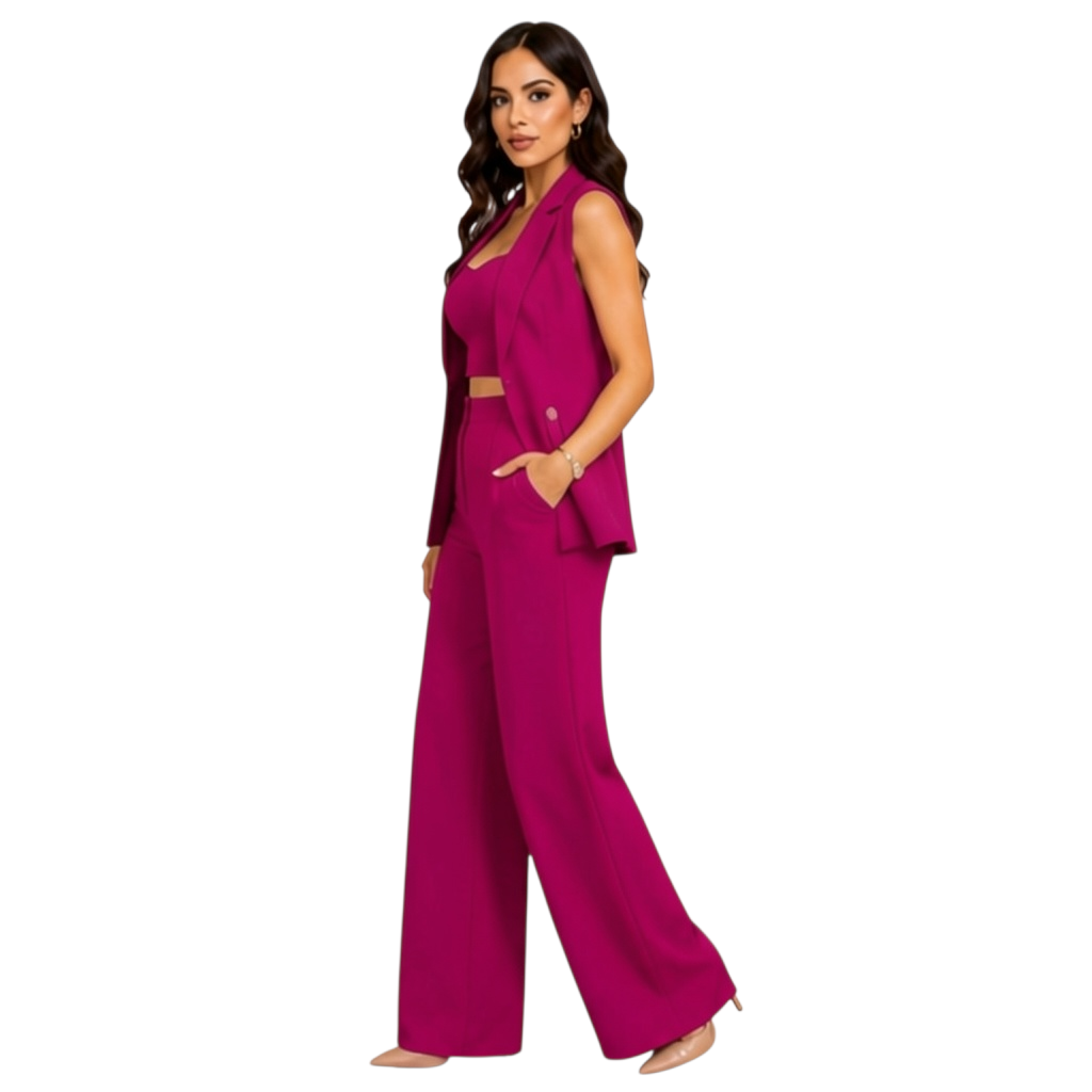 Angie Style Boutique magenta 3-piece set with sleeveless crop top, wide-leg trousers, and matching belt on a model.