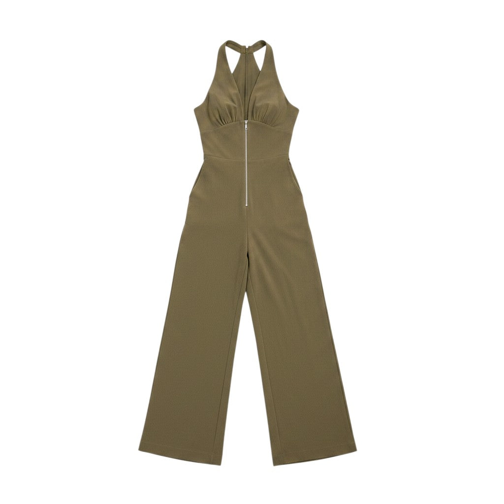 Angie Style Boutique olive green halter jumpsuit with a deep V-neck, front zipper, and wide-leg silhouette.