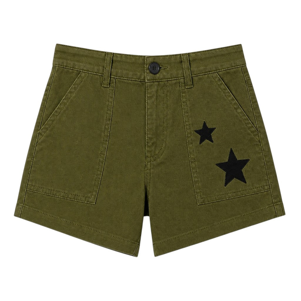 Angie Style Boutique olive utility shorts with black star patches, front pockets, and a mid-rise fit.