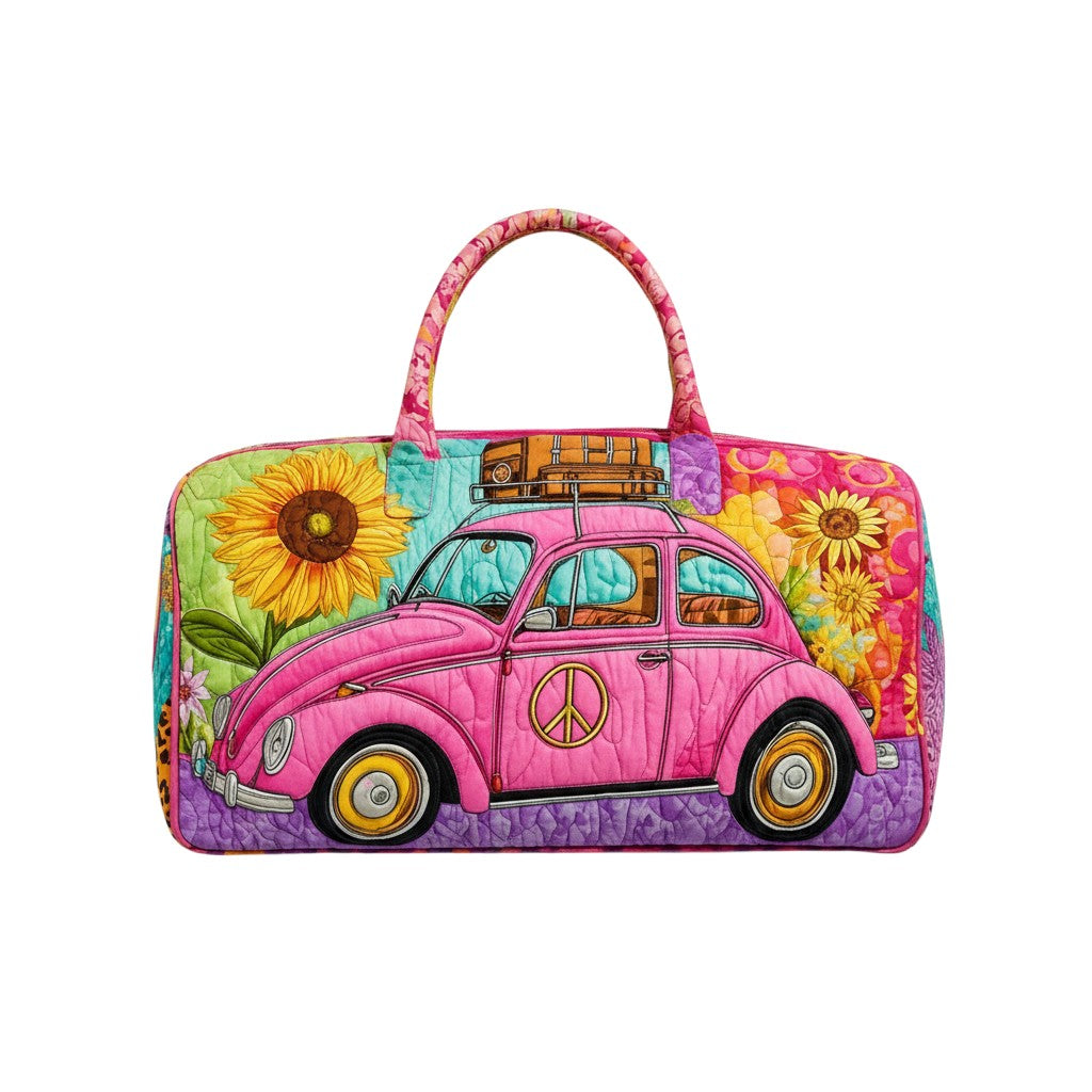 Angie Style Boutique boho woven handbag featuring a pink hippie van, sunflower print, and peace sign emblem.