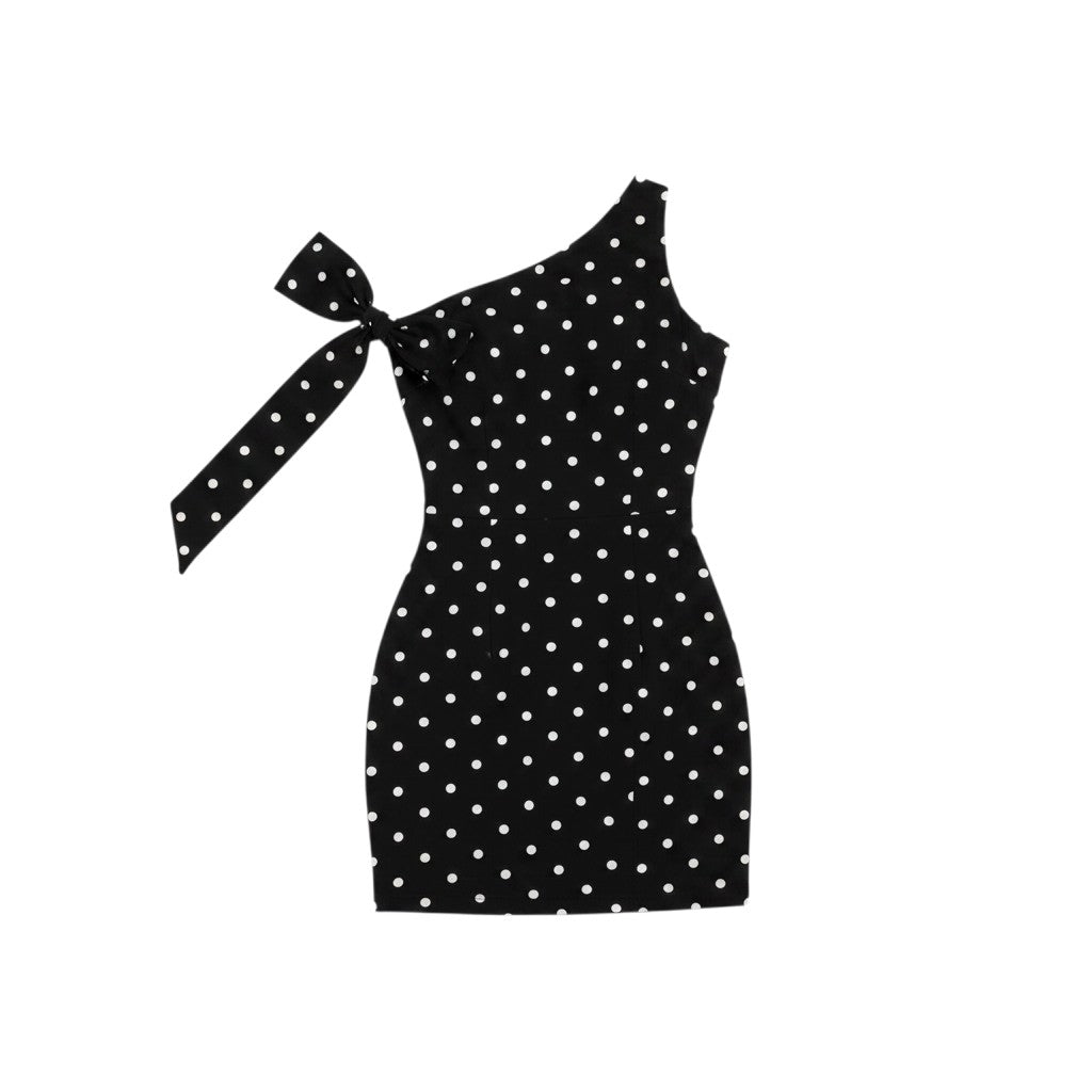 Angie Style Boutique black mini dress with white polka dots, one-shoulder neckline, and a large shoulder tie bow.