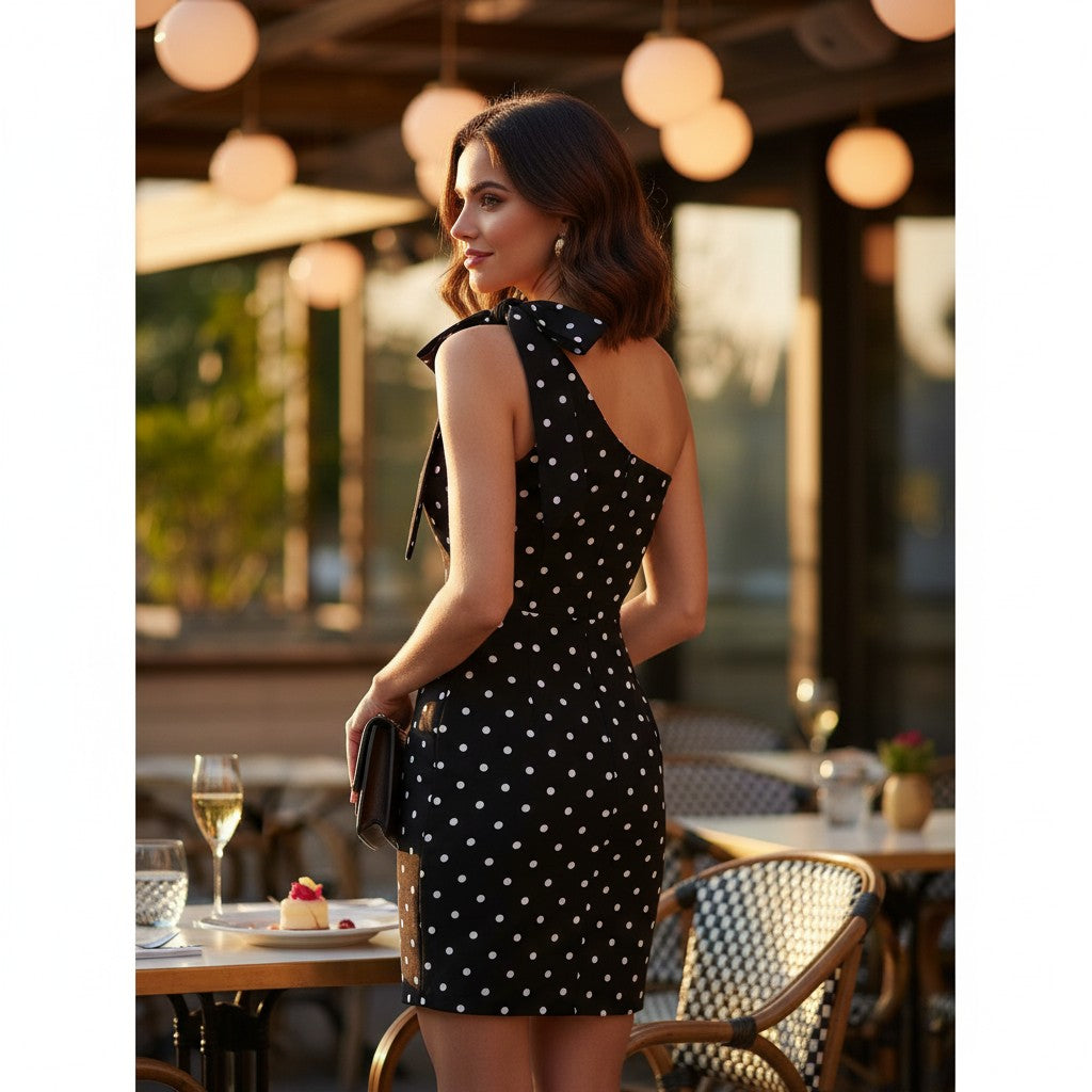 Angie Style Boutique black mini dress with white polka dots, one-shoulder neckline, and shoulder bow, worn by model.