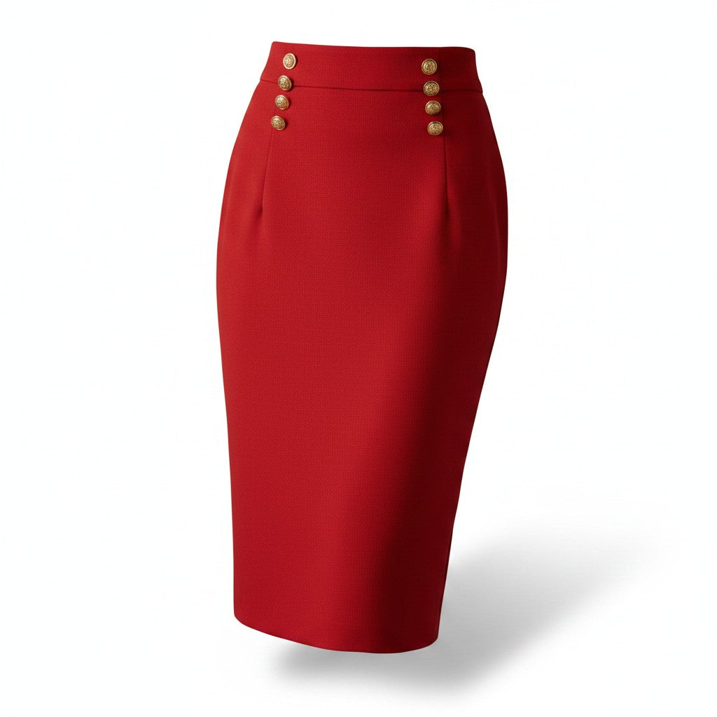 Angie Style Boutique red high-waisted pencil skirt featuring decorative gold buttons in a sophisticated tailored fit.