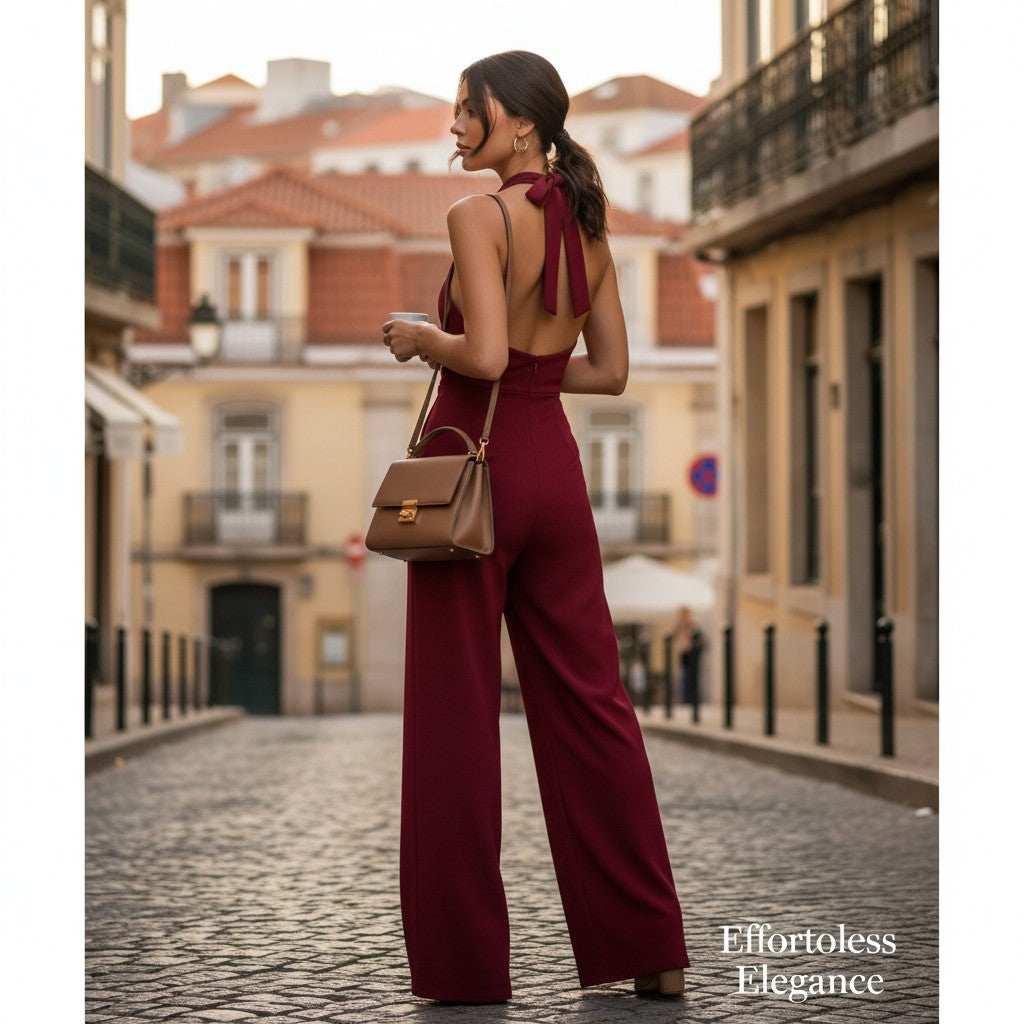 Angie Style Boutique red wide-leg jumpsuit with halter neck and open back worn by a woman on a cobblestone street.