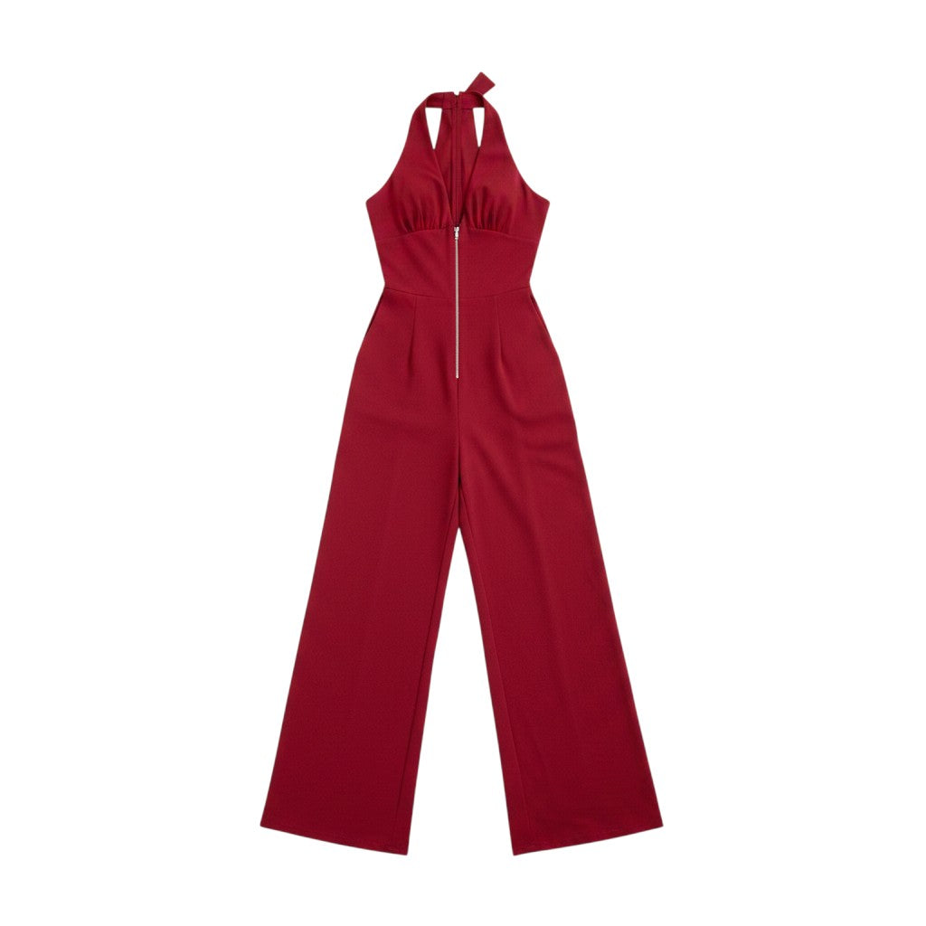 Angie Style Boutique red sleeveless wide-leg jumpsuit with a deep V-neck halter top and front zipper closure.
