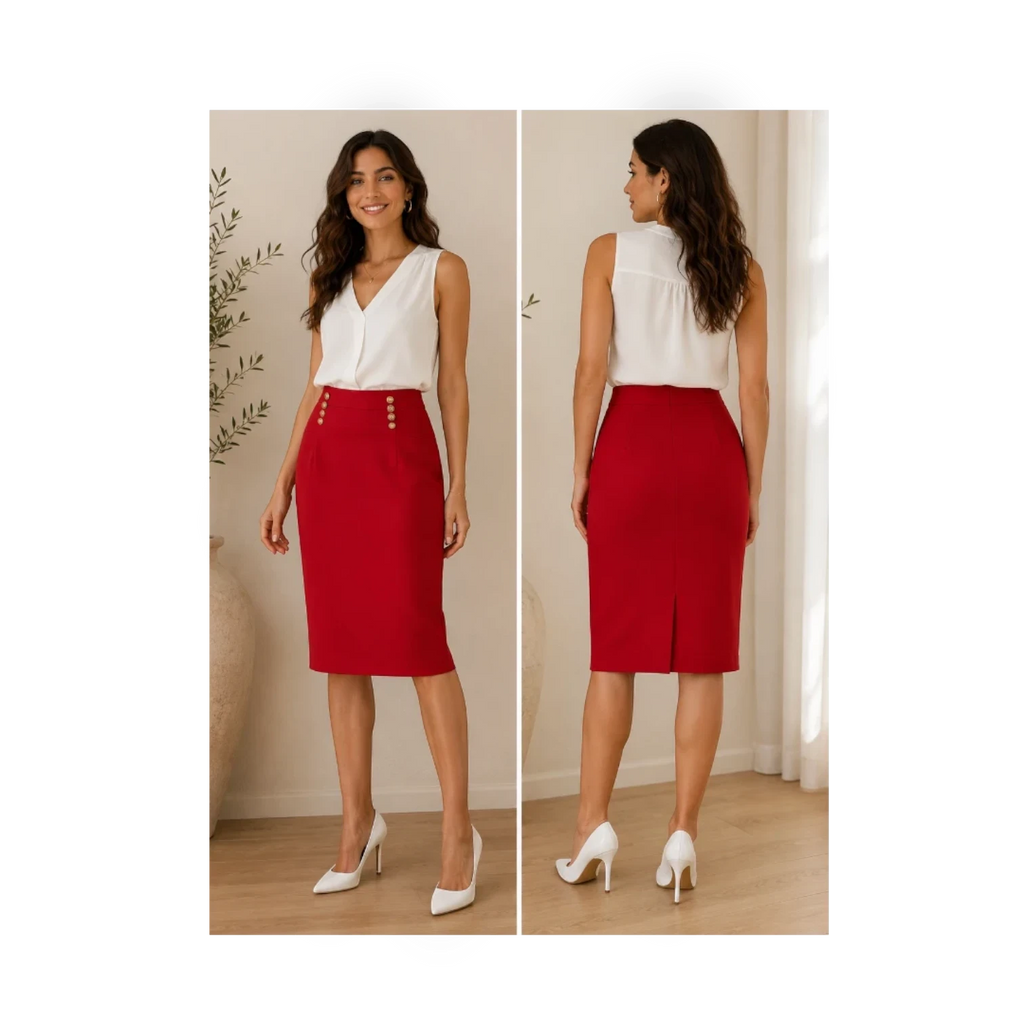 Angie Style Boutique red high-waisted pencil skirt with gold button accents worn by a model with a white blouse