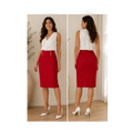 Angie Style Boutique red high-waisted pencil skirt with gold button accents worn by a model with a white blouse
