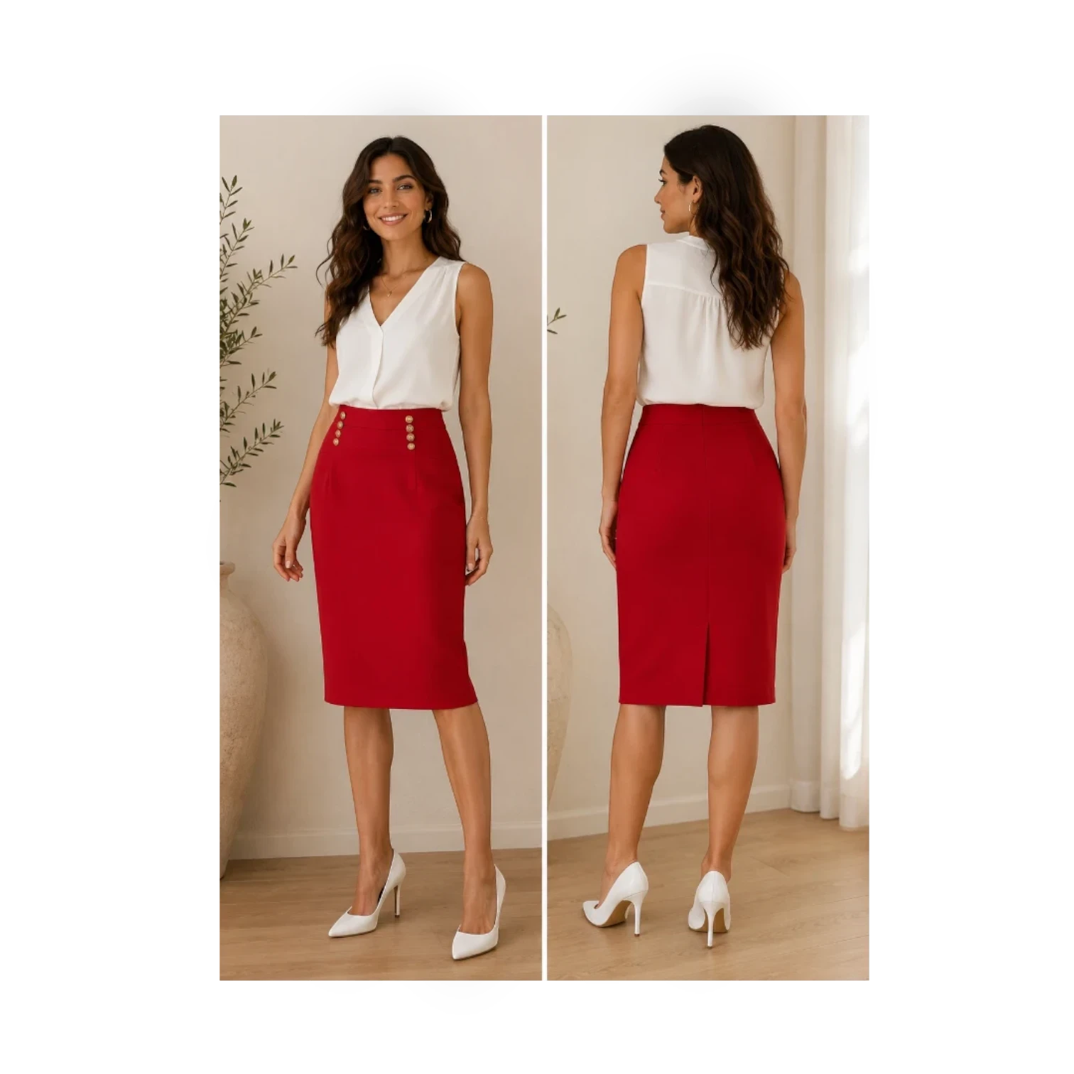 Angie Style Boutique red high-waisted pencil skirt with gold button accents worn by a model with a white blouse