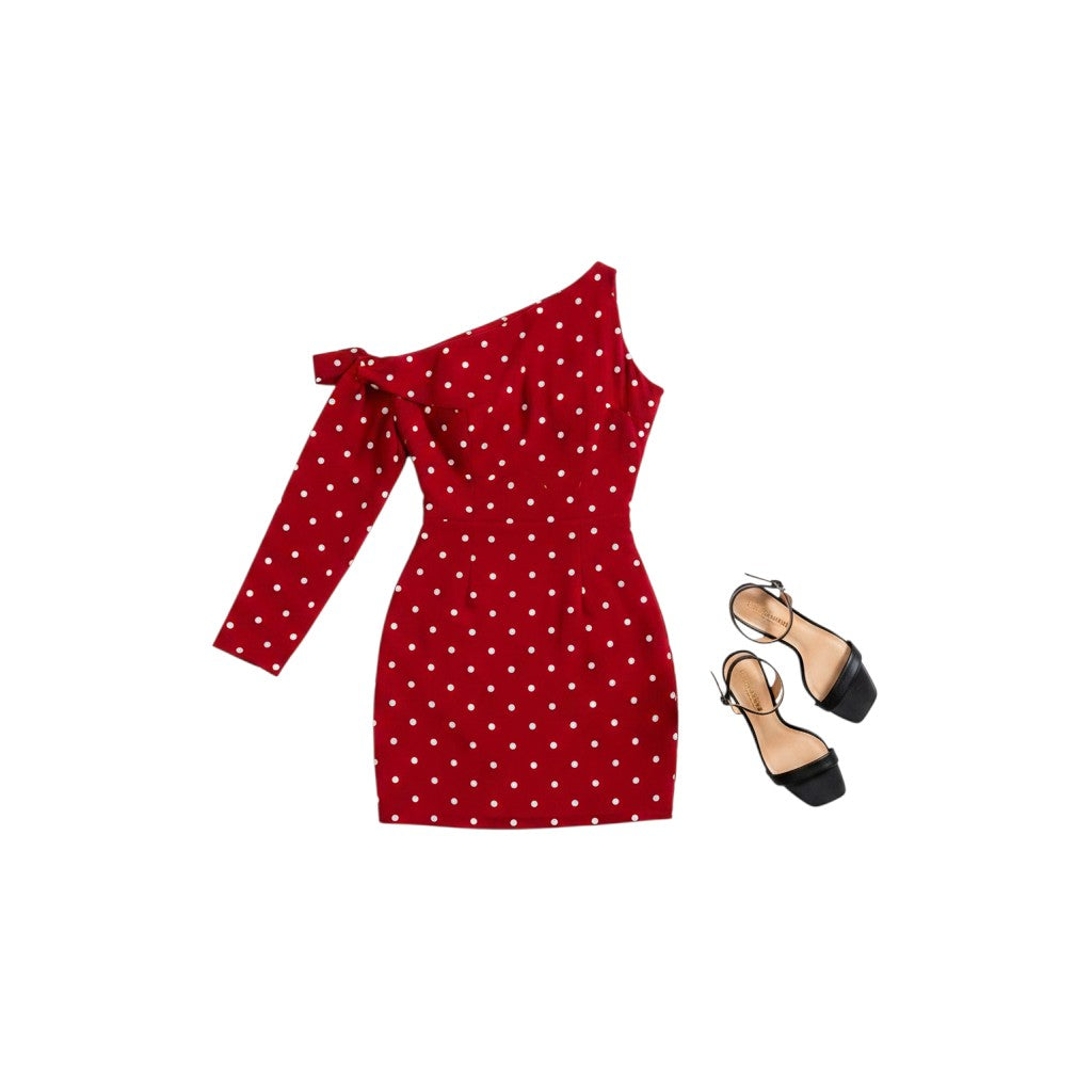 Angie Style Boutique red one-shoulder mini dress with white polka dots and matching black strappy heels.
