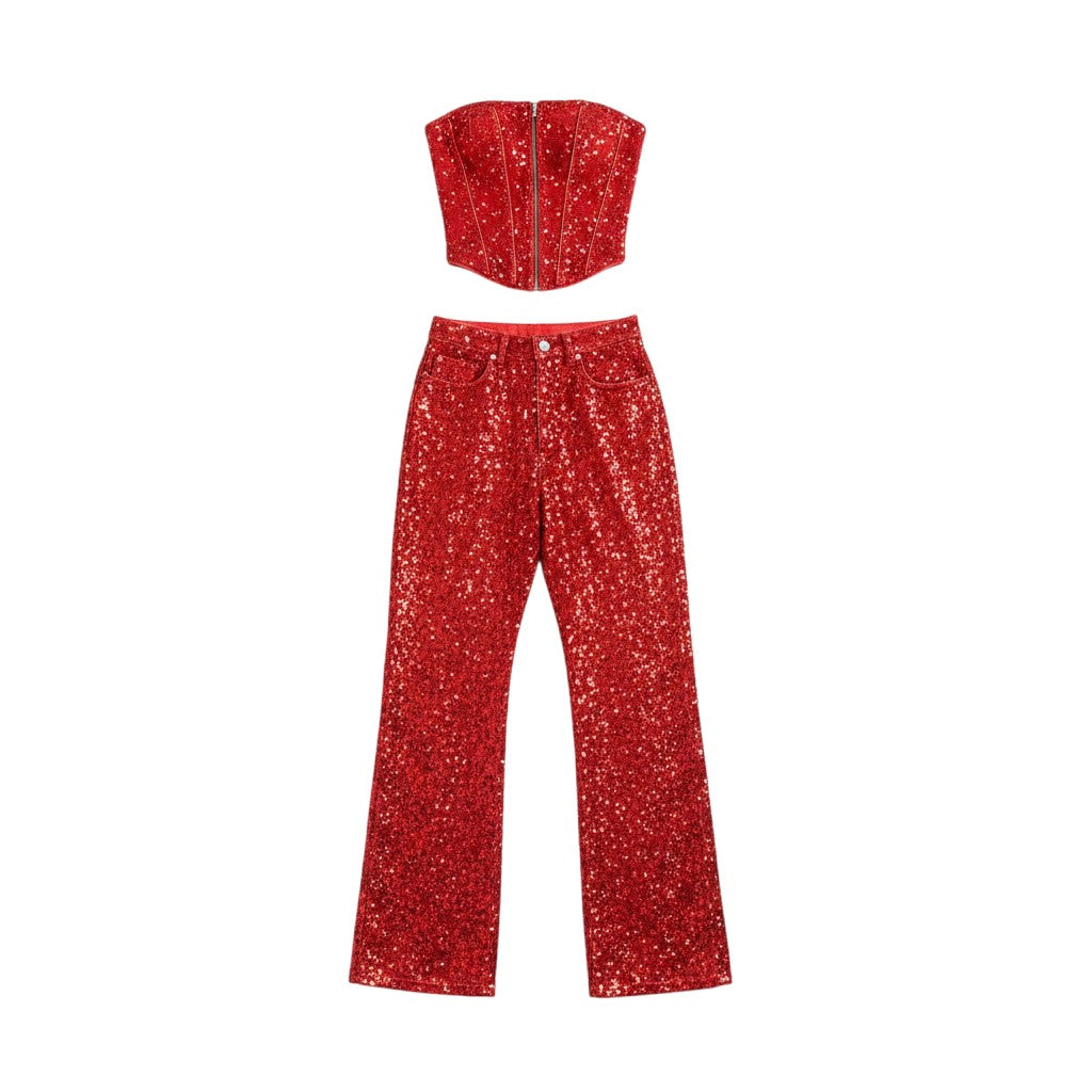 Angie Style Boutique red sequin strapless corset top and matching high-waisted wide-leg pants two-piece set.