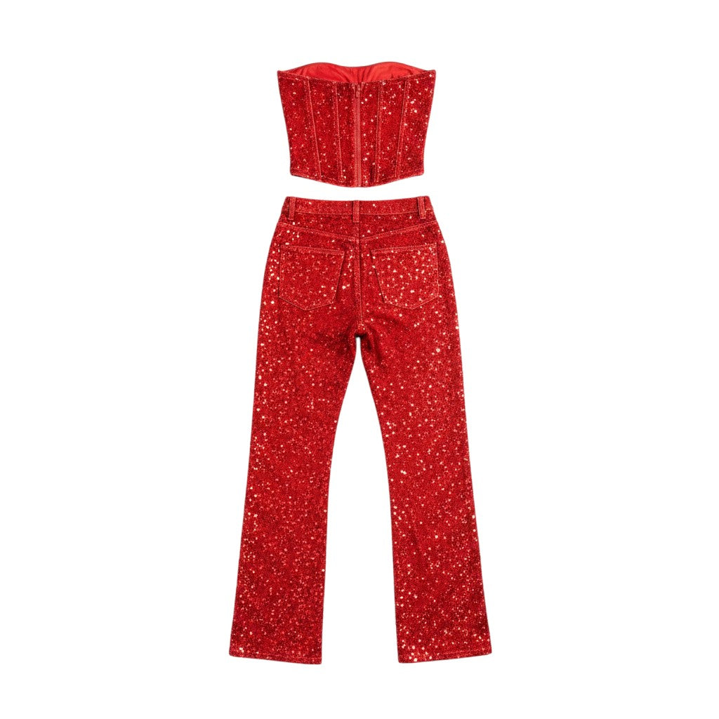 Angie Style Boutique red sequin strapless corset top and matching wide-leg pants set on a white background.