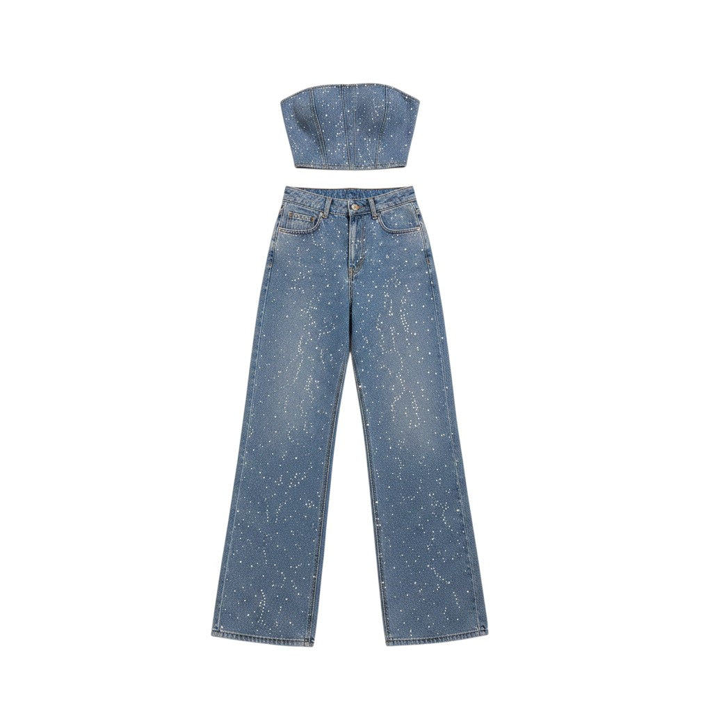 Angie Style Boutique two-piece denim set featuring a strapless corset top and high-waisted wide-leg pants with rhinestones