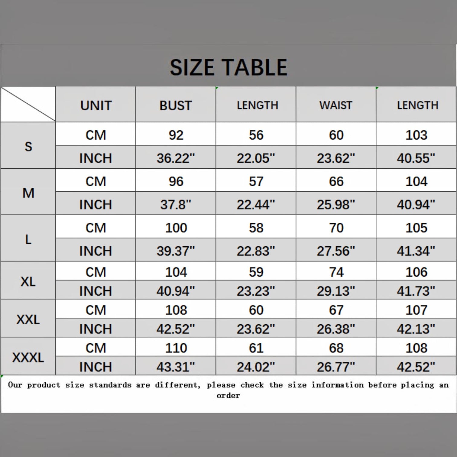 Angie Style Boutique size chart table for short-sleeve shirt and trouser co-ord set with measurements in cm and inch
