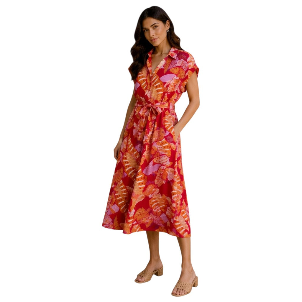 Angie Style Boutique Mille Gabriella midi dress in red and orange tropical print with a belted waist and cap sleeves.