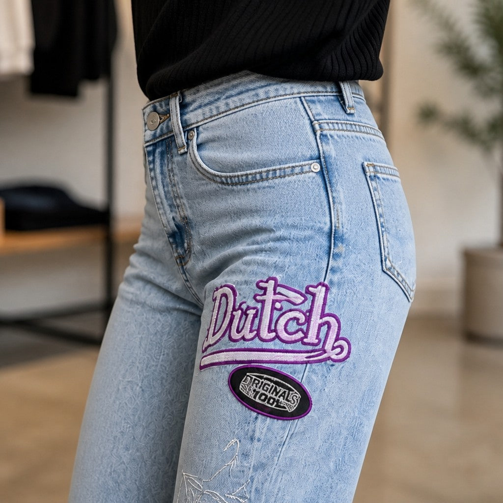 Angie Style Boutique Von Dutch light wash straight leg jeans with purple embroidered logo patches and high-rise waist