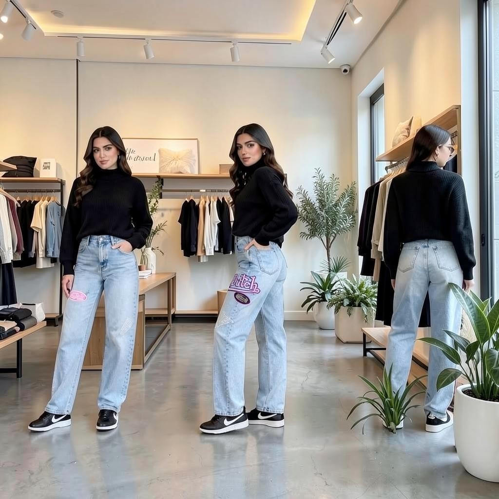 Angie Style Boutique Von Dutch light wash straight leg jeans with logo patches worn by a model in a clothing store.