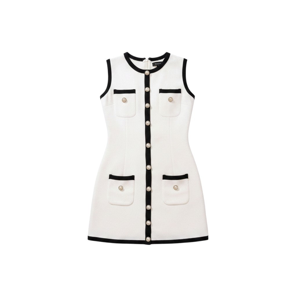 Angie Style Boutique white sleeveless blazer mini dress with black contrast trim and gold crest buttons.