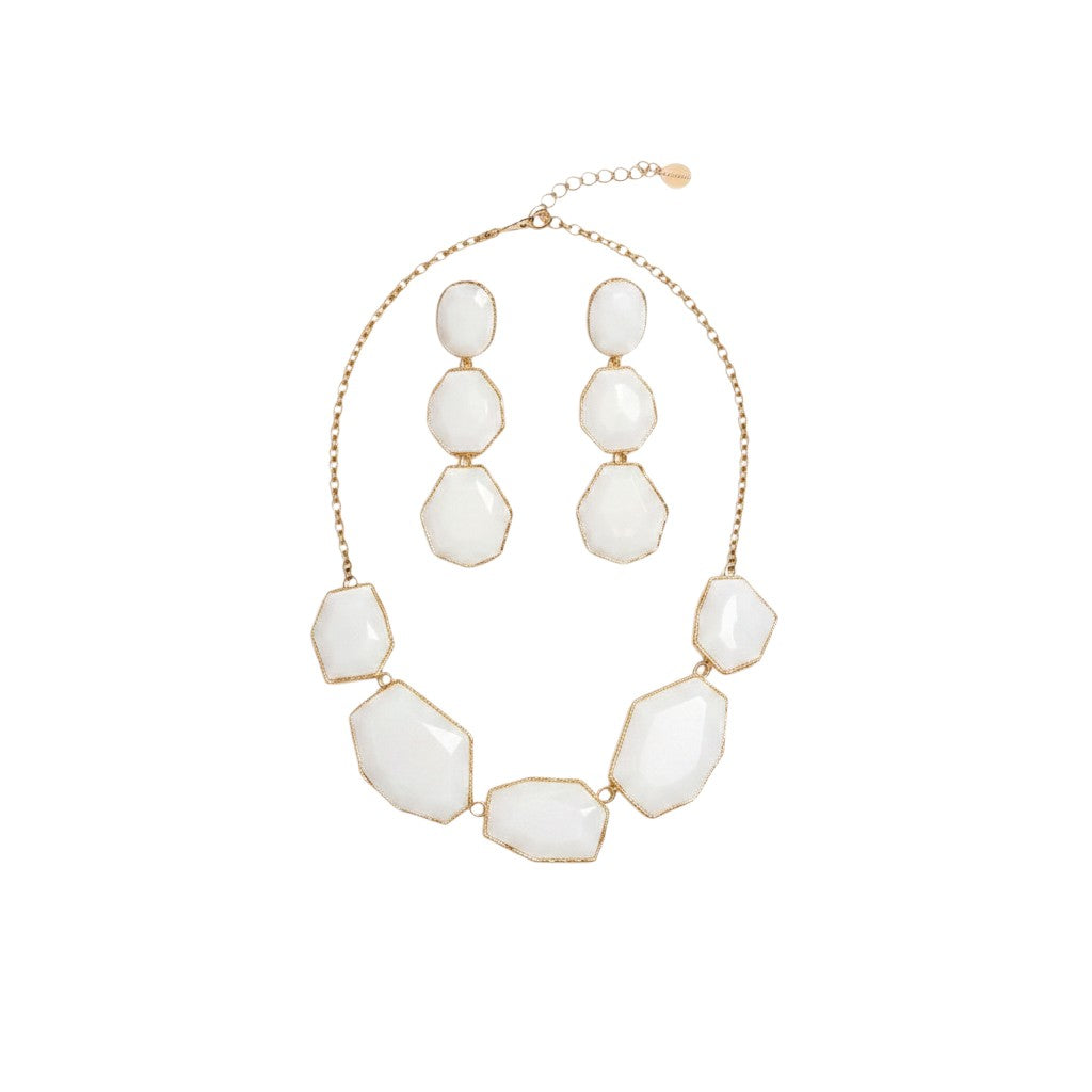 Angie Style Boutique white geometric resin stone statement necklace and matching tiered drop earring set in gold-tone.