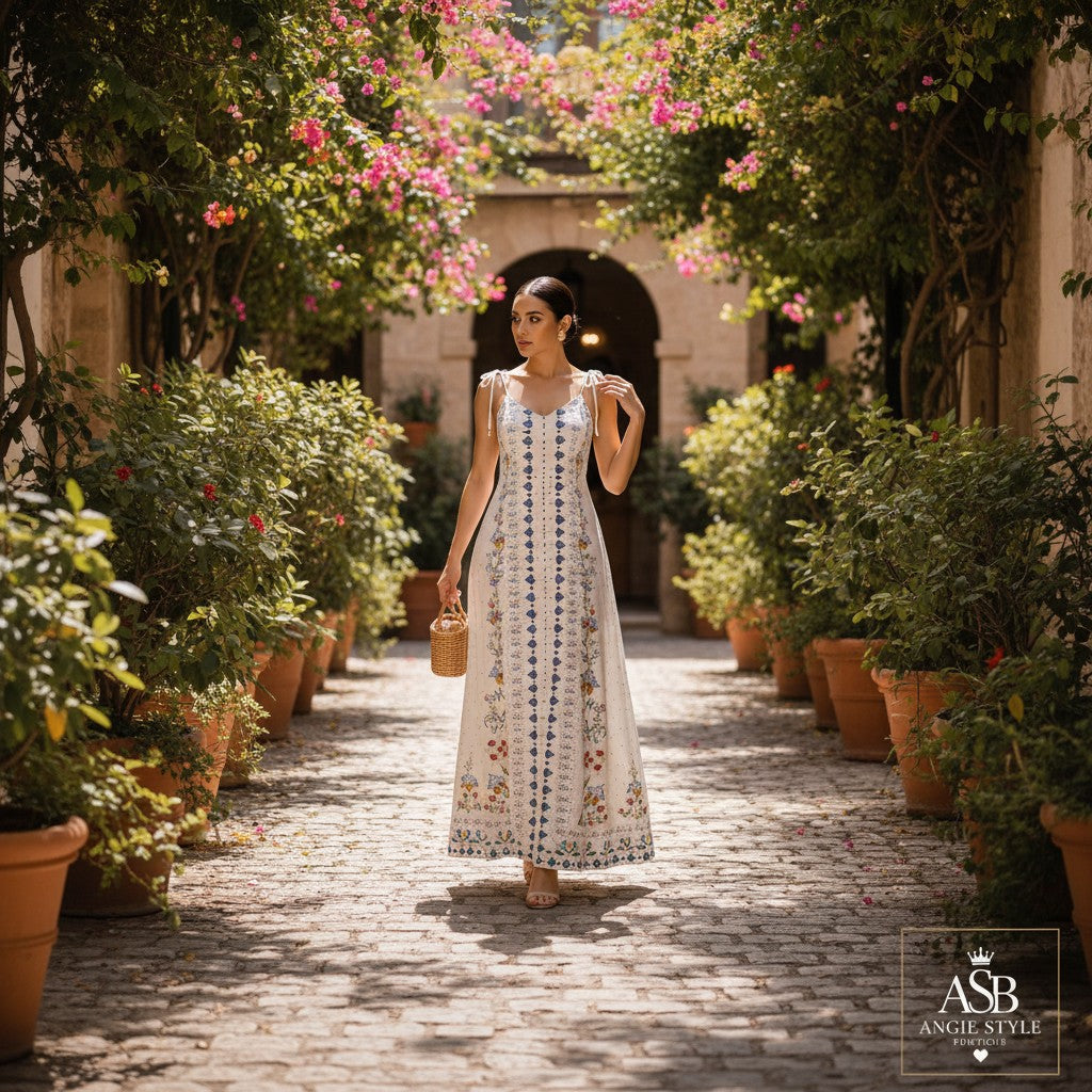 Angie Style Boutique white maxi dress with blue and gold vertical trim worn by a woman in a floral garden path