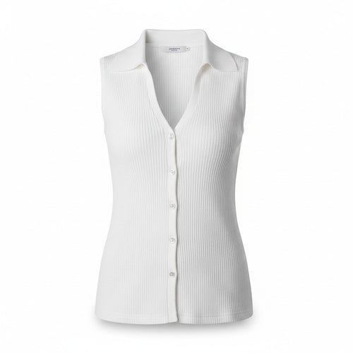 Angie Style Boutique Calvin Klein white sleeveless ribbed knit top with a V-neck collar and button-front detail.