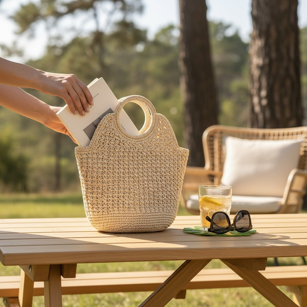 Angie Style Boutique woven straw tote bag with circular handles on a wooden table in a sunny outdoor setting