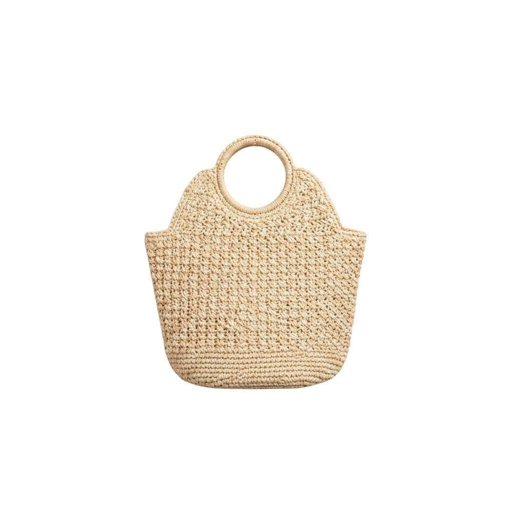 Angie Style Boutique woven straw bucket tote bag with circular handles in natural beige for summer resort style.