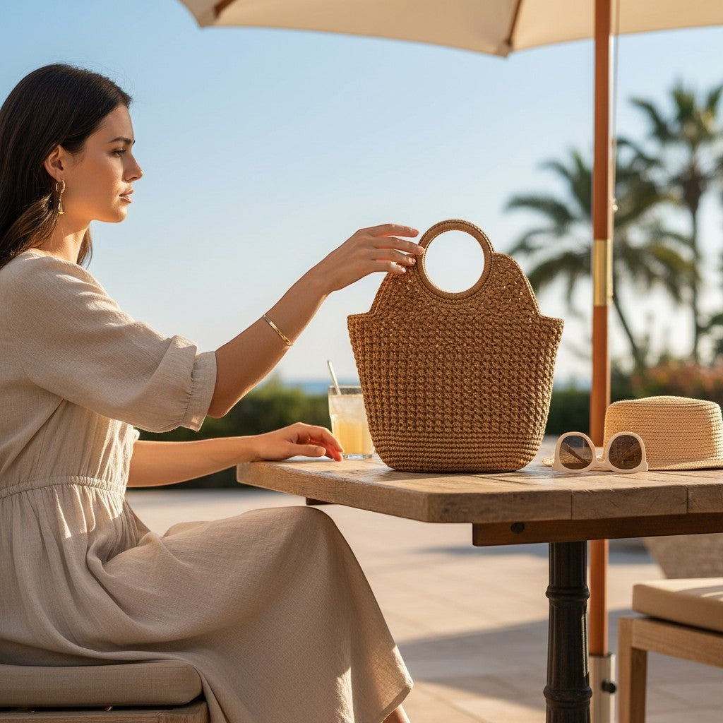 Angie Style Boutique woven straw tote bag with circular handles on a table next to a woman in a beige dress