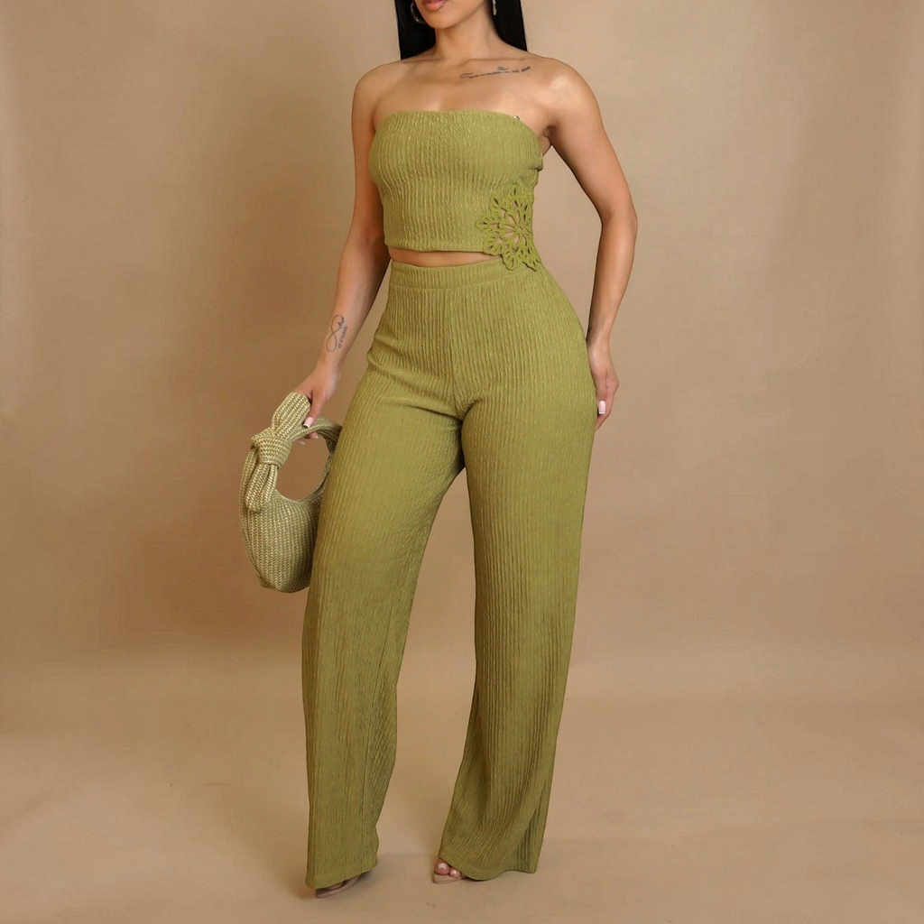 Angie Style Boutique green textured two-piece set with a strapless tube top and wide-leg pants featuring floral detail