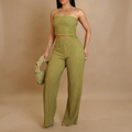 Angie Style Boutique green textured two-piece set with a strapless tube top and wide-leg pants featuring floral detail