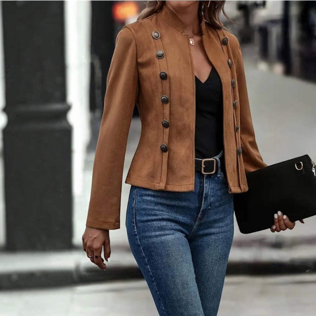 Angie Style Boutique brown velvet double-breasted slim-fit jacket with vintage-style buttons