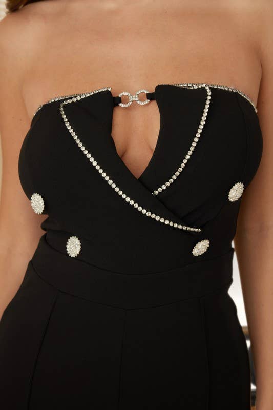 Black Strapless Rhinestone Chain Jumpsuit