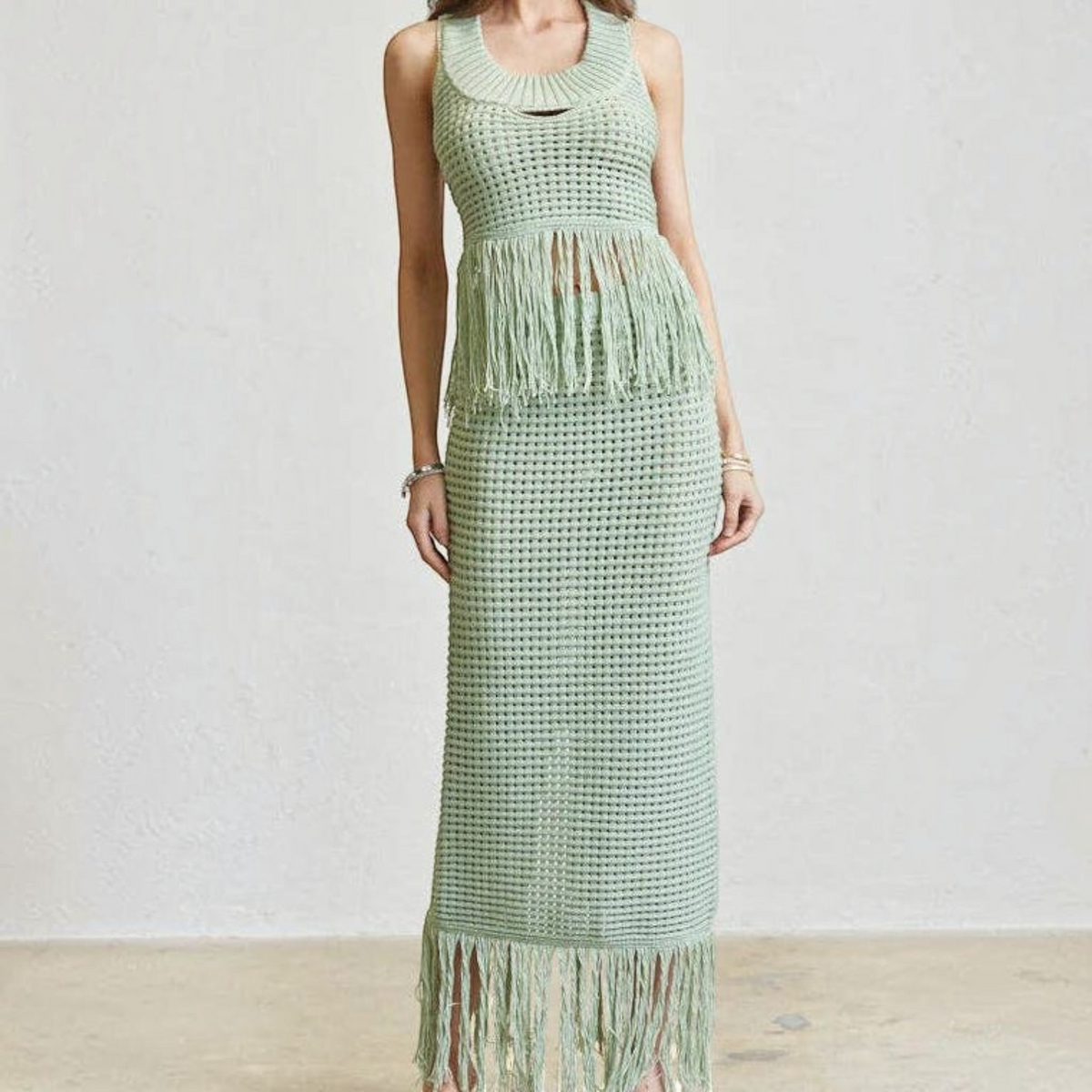 Angie Style Boutique sage green crochet knit crop top and maxi skirt set with fringe detailing