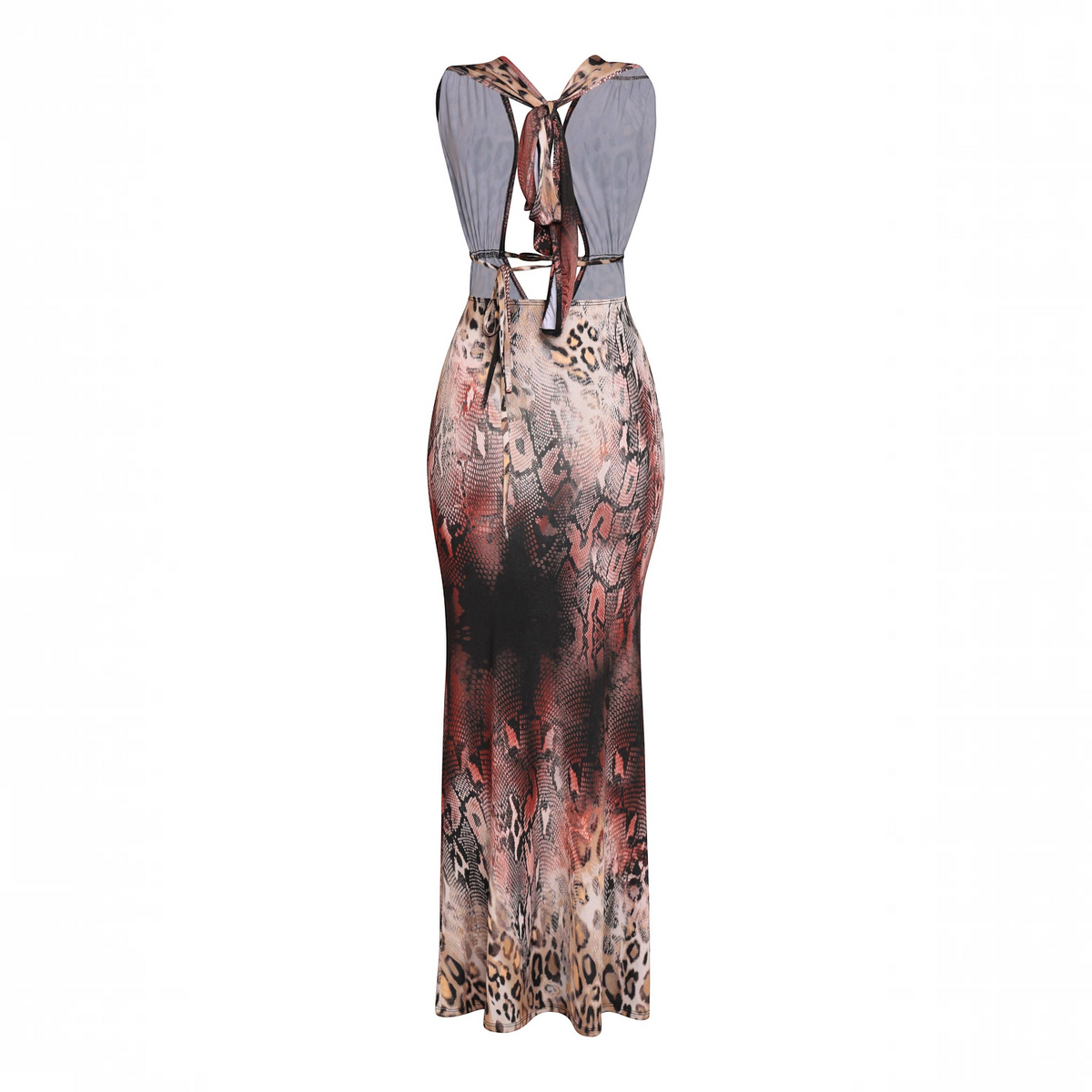 Angie Style Boutique brown multi-animal print maxi dress with a halter neckline and open back view