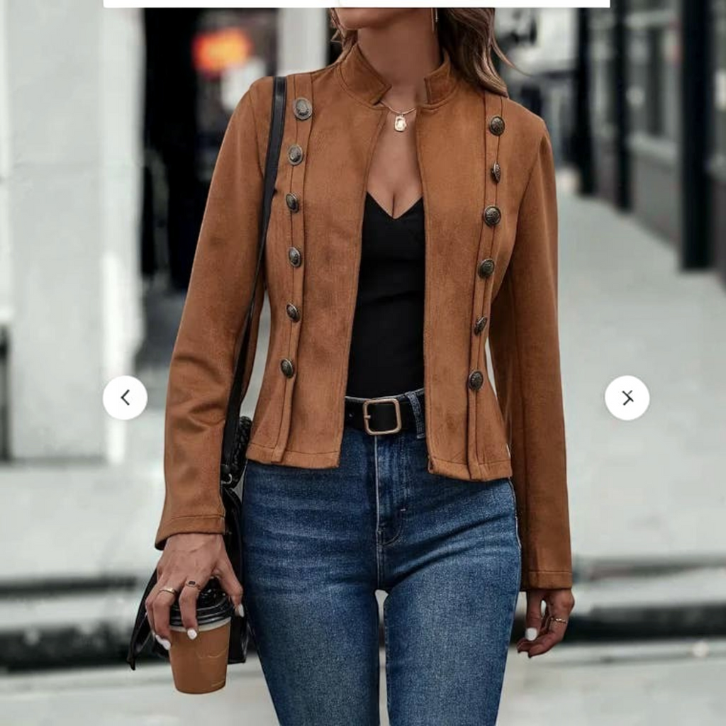 Angie Style Boutique brown velvet double-breasted slim-fit jacket with military-style buttons worn with jeans