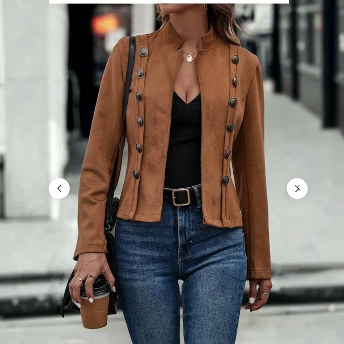 Angie Style Boutique brown velvet double-breasted slim-fit jacket with military-style buttons worn with jeans