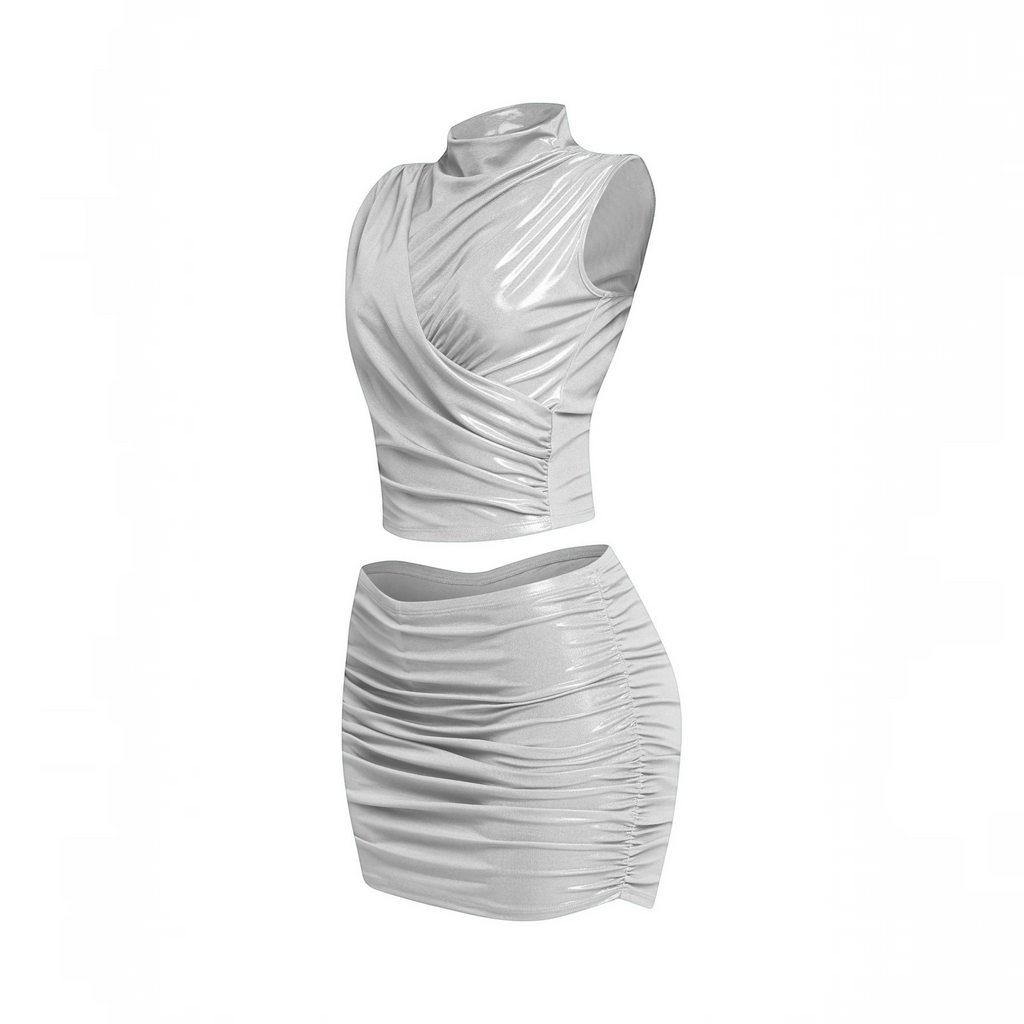 Angie Style Boutique silver slinky foiled mock neck sleeveless top and ruched skirt set with elastic waistband
