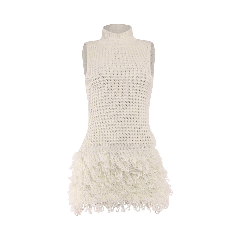 Angie Style Boutique off-white sleeveless crochet mini dress with a mock neckline and textured fringe tassel hem.