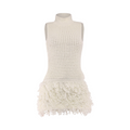 Angie Style Boutique off-white sleeveless crochet mini dress with a mock neckline and textured fringe tassel hem.