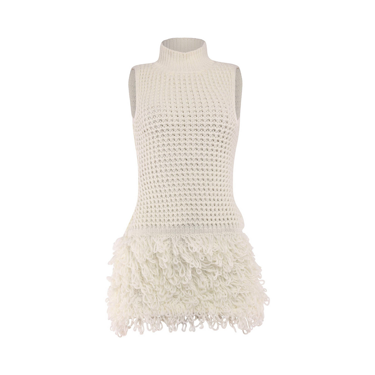 Angie Style Boutique off-white sleeveless crochet mini dress with a mock neckline and textured fringe tassel hem.