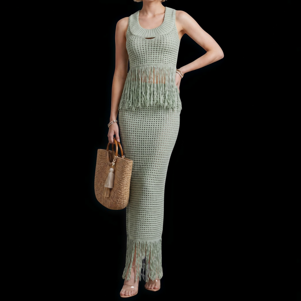 Angie Style Boutique sage green crochet fringe crop top and matching high-waisted maxi skirt set on a model