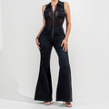 Angie Style Boutique stretch washed denim and mesh jumpsuit with a front zipper and flared legs on a model